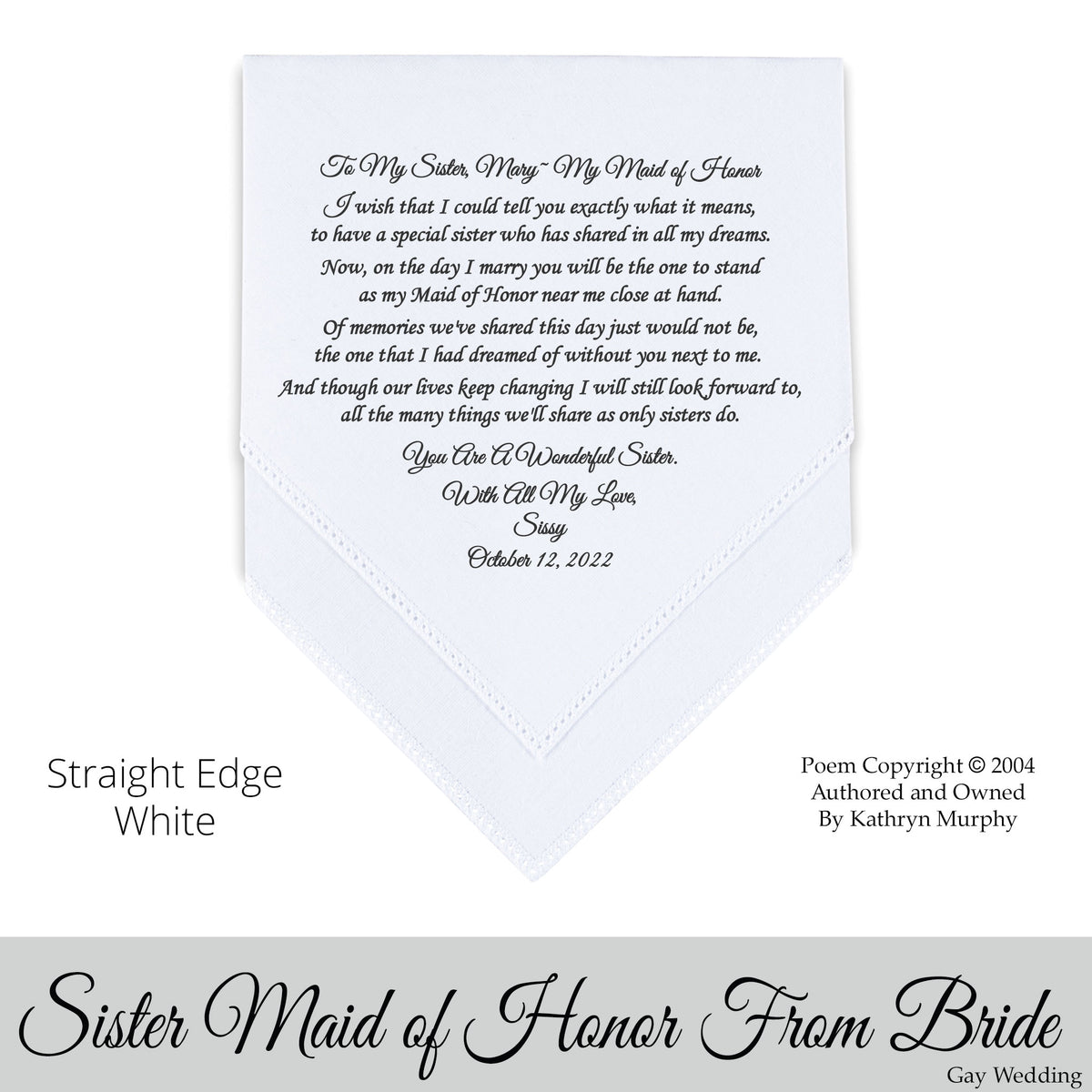 Gift for the sister of the bride maid of honor poem printed wedding hankie