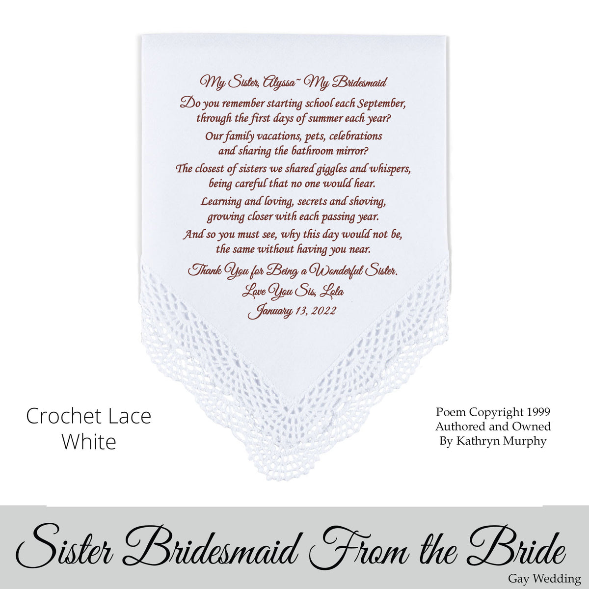 Gay Wedding Gift for the Sister Bridesmaid poem printed wedding hankie