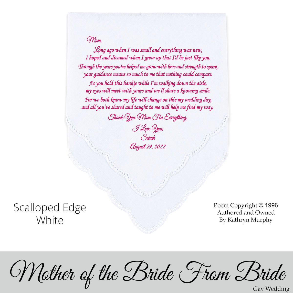 Gay Wedding Gift for the mother of the bride poem printed wedding hankie