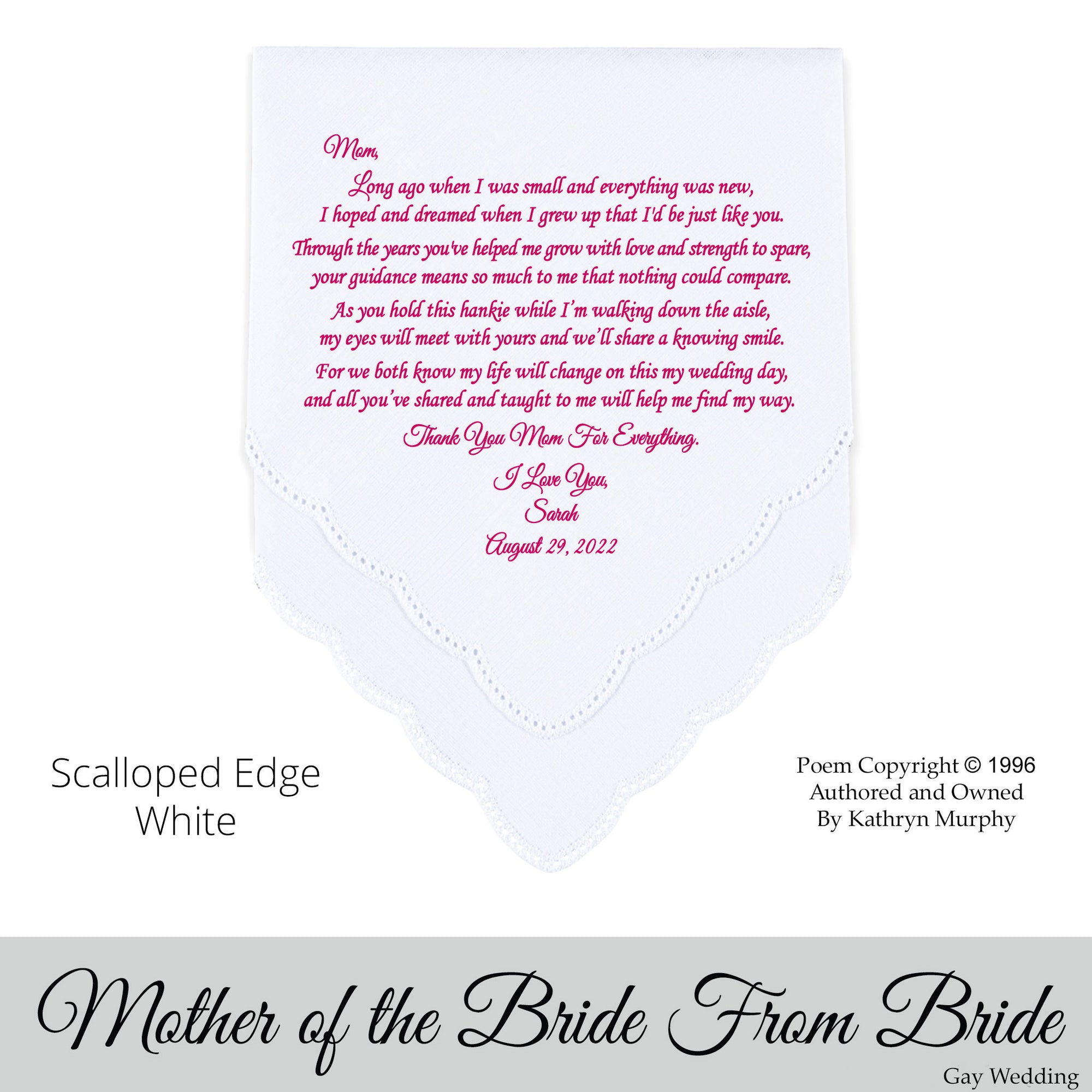 Gay Wedding Gift for the mother of the bride poem printed wedding hankie