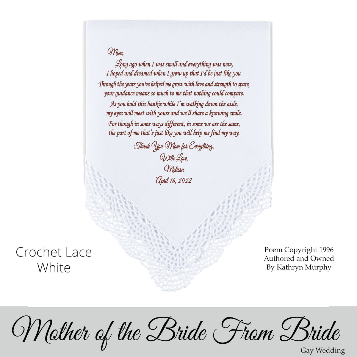 Gay Wedding Gift for the mother of the bride poem printed wedding hankie