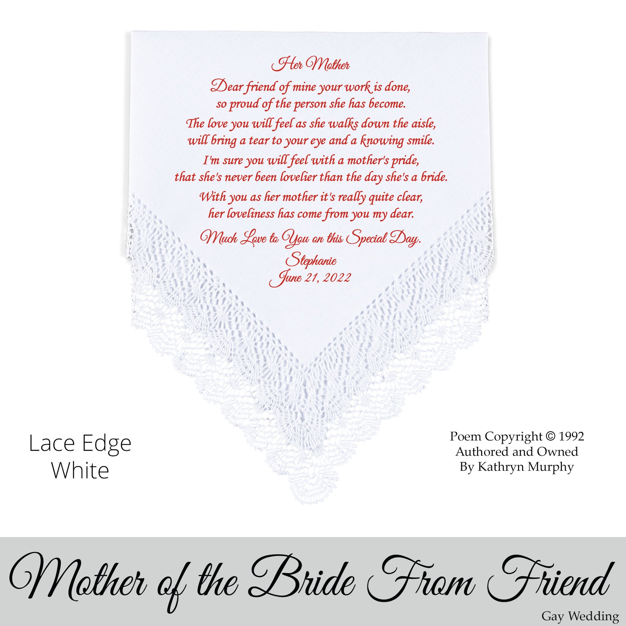 Gay Wedding Gift for the Mother of the bride poem printed wedding hankie