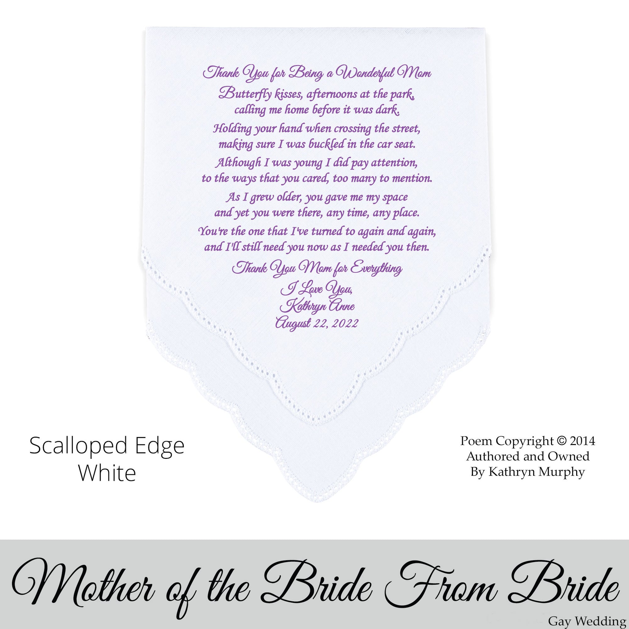 Gay Wedding Gift for the mother of the bride poem printed wedding hankie