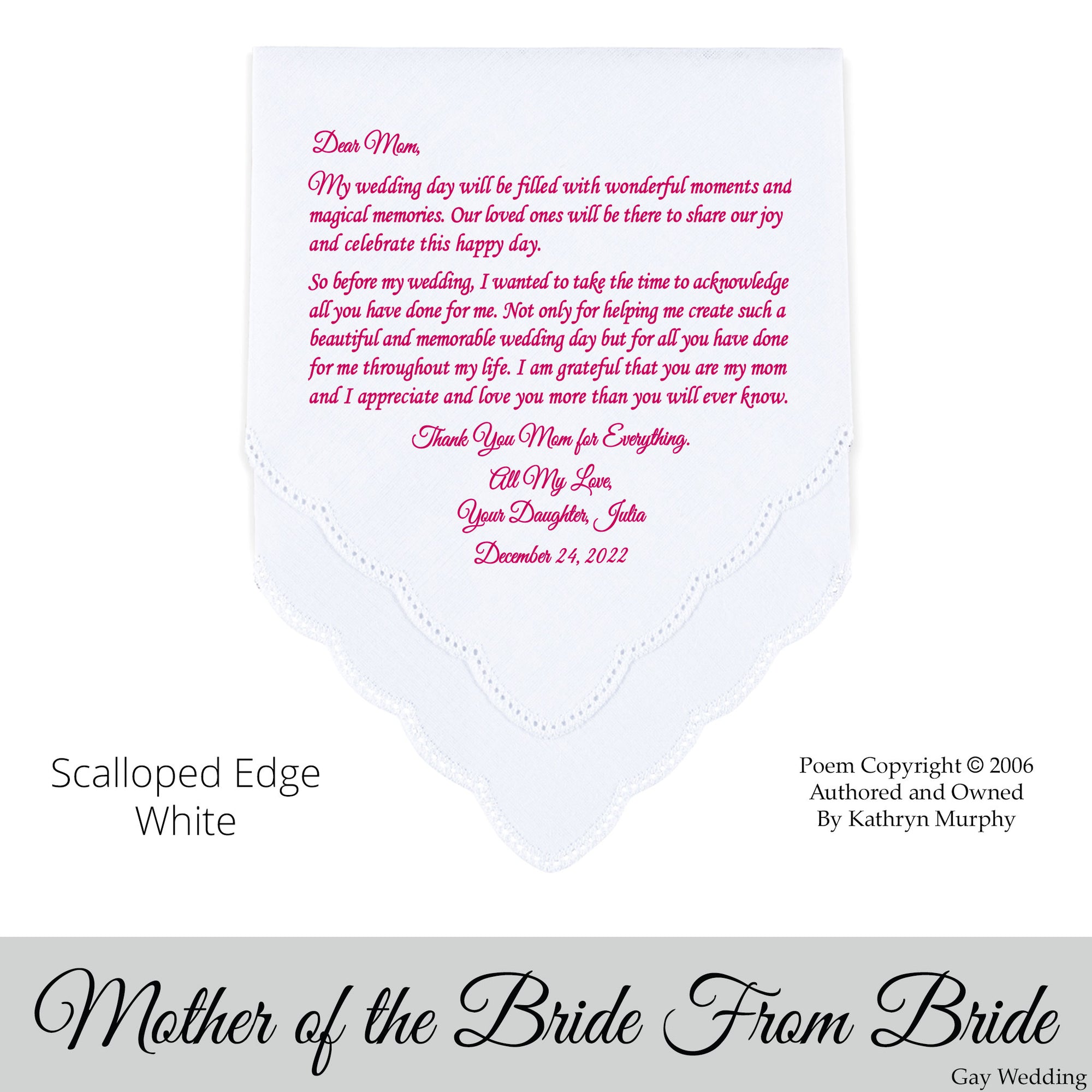 Gay Wedding Gift for the mother of the bride poem printed wedding hankie