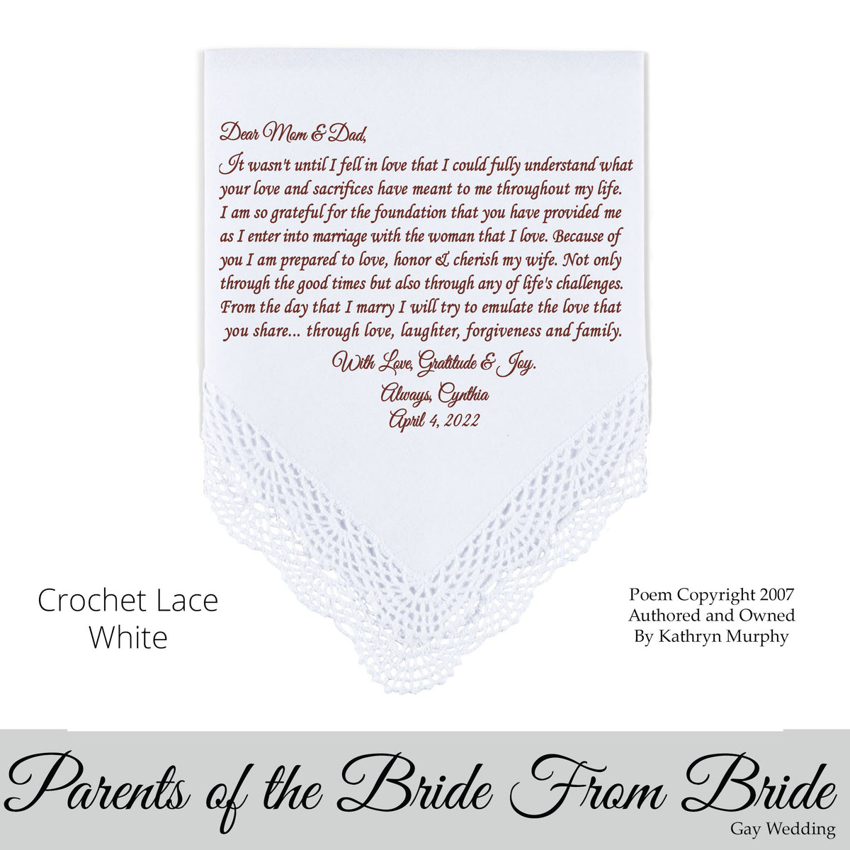 Gay Wedding Gift for the parents of the bride poem printed wedding hankie