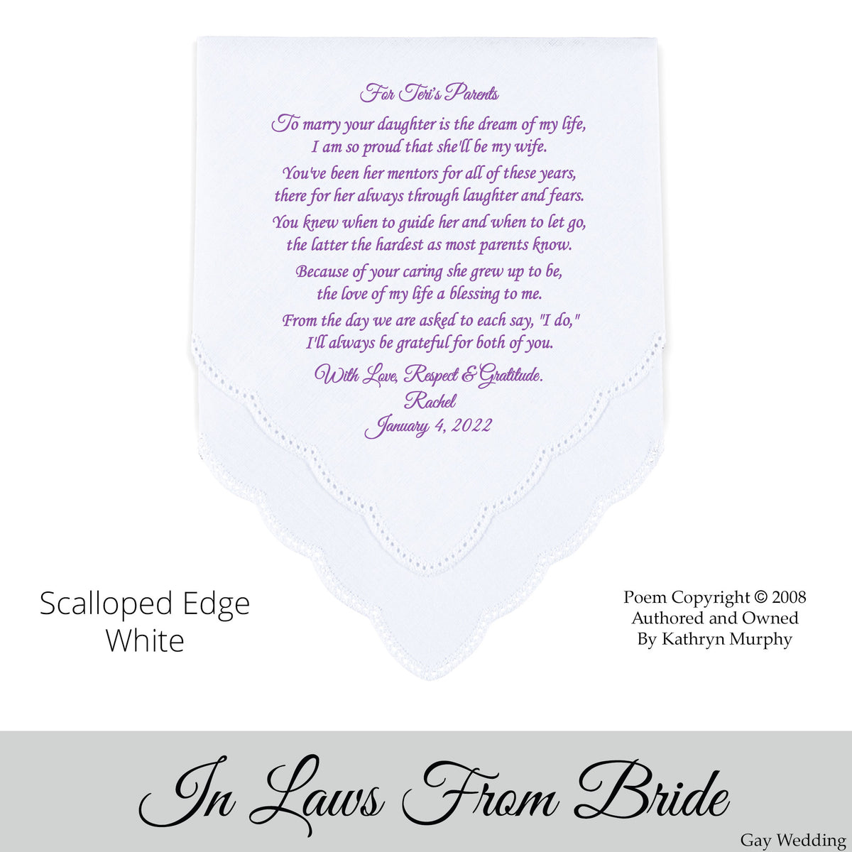 Gay Wedding Gift for the bride&#39;s Parents poem printed wedding hankie