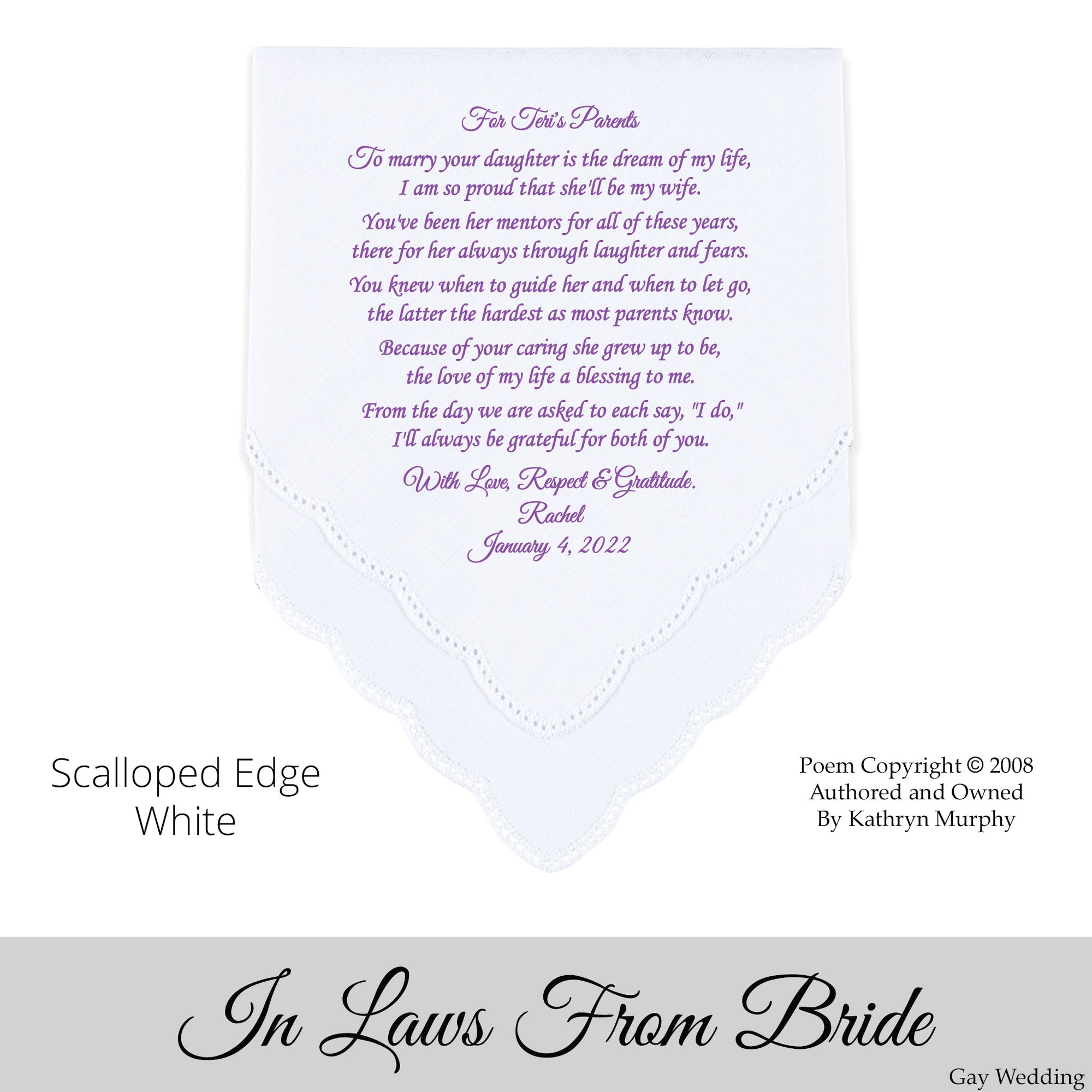 Gay Wedding Gift for the bride's Parents poem printed wedding hankie