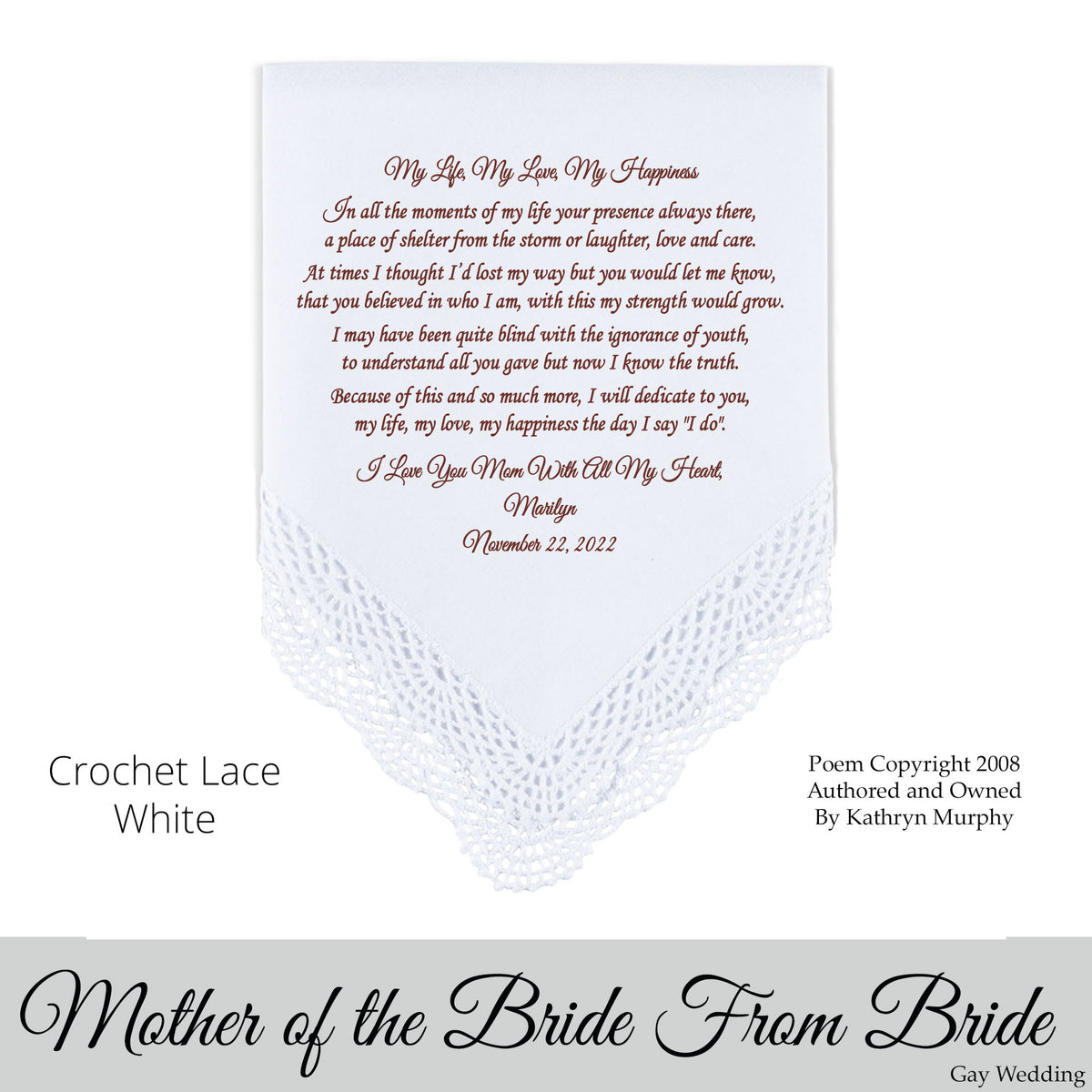 Gay Wedding Gift for the mother of the bride poem printed wedding hankie