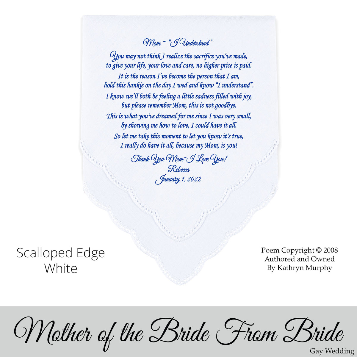 Gay Wedding Gift for the mother of the bride poem printed wedding hankie