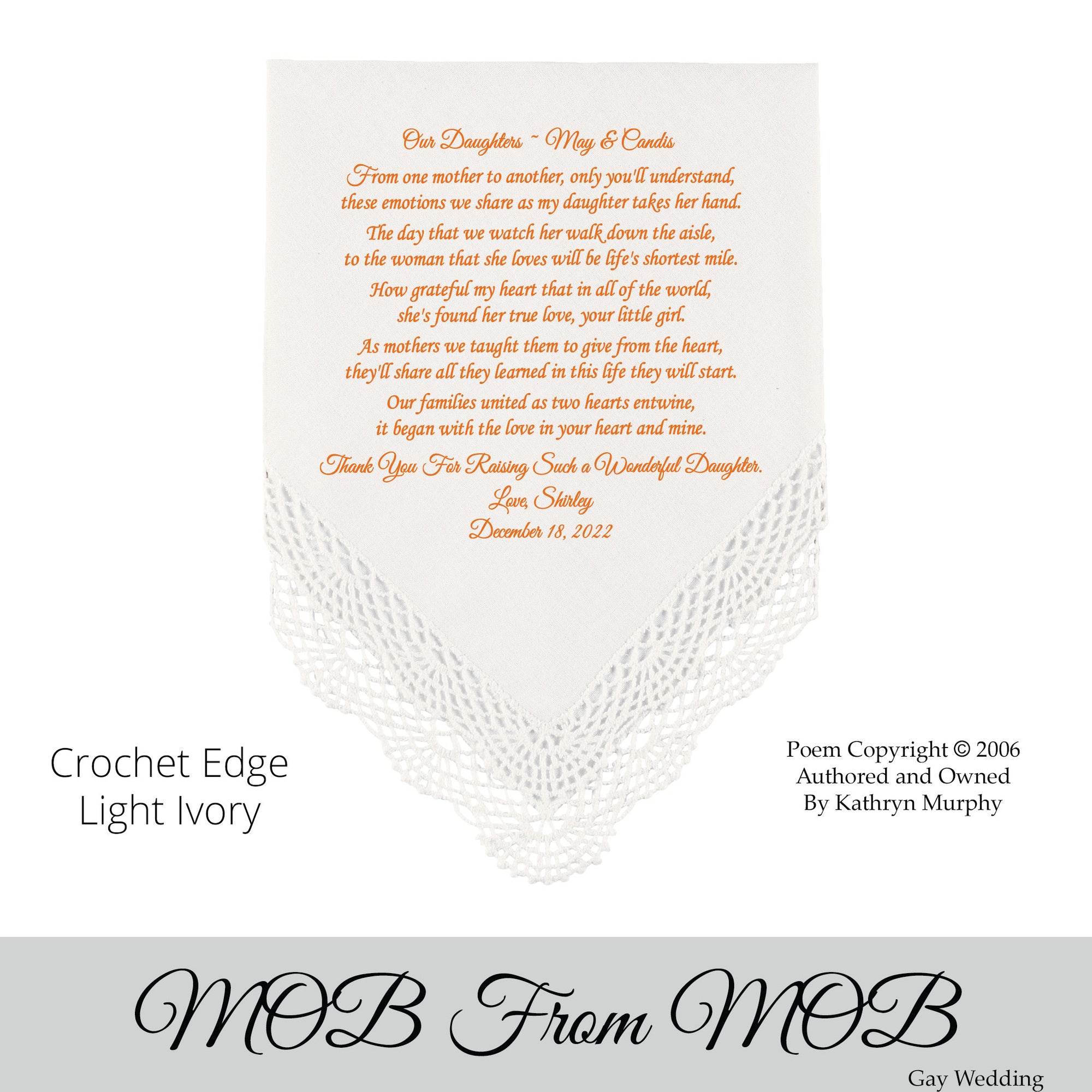 Gay Wedding Gift for the Mother of the Bride poem printed wedding hankie