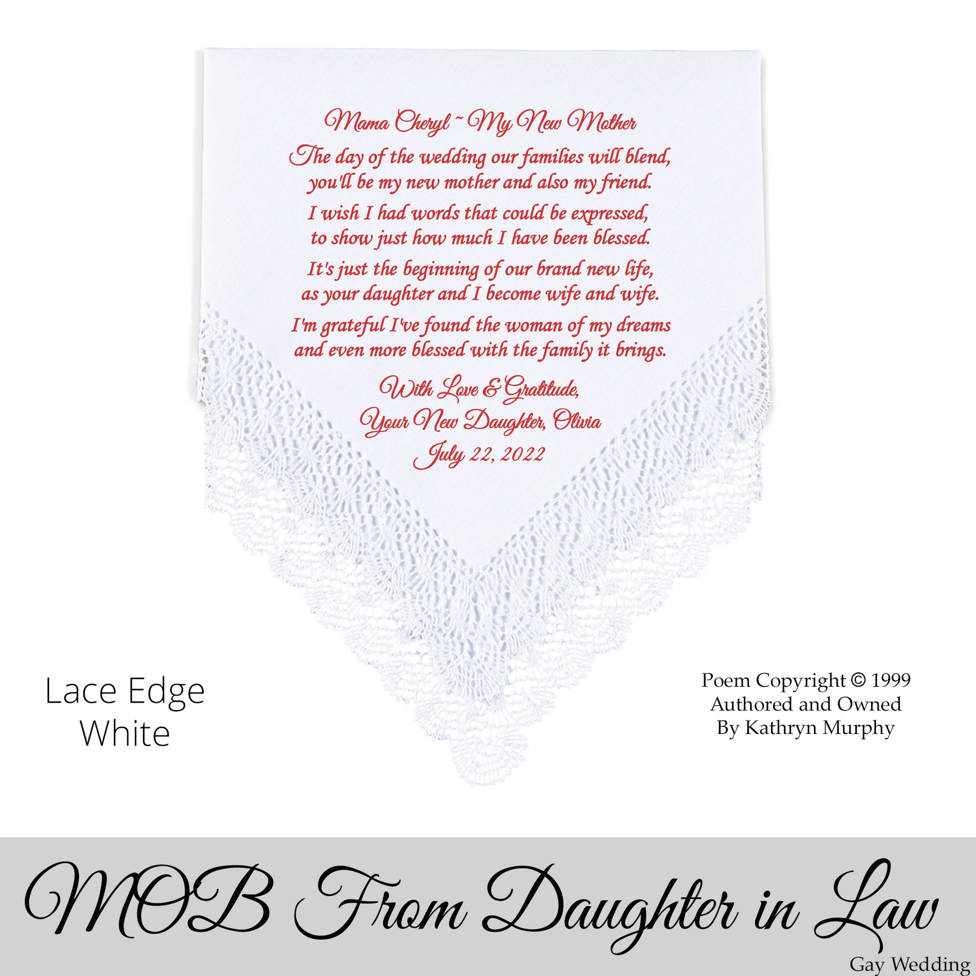 Gay Wedding Gift for the Mother of the Bride poem printed wedding hankie