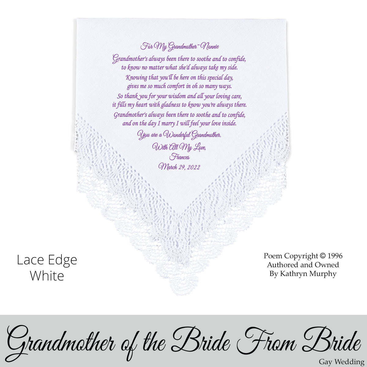 Gay Wedding Gift for the Grandmother of the Bride poem printed wedding hankie