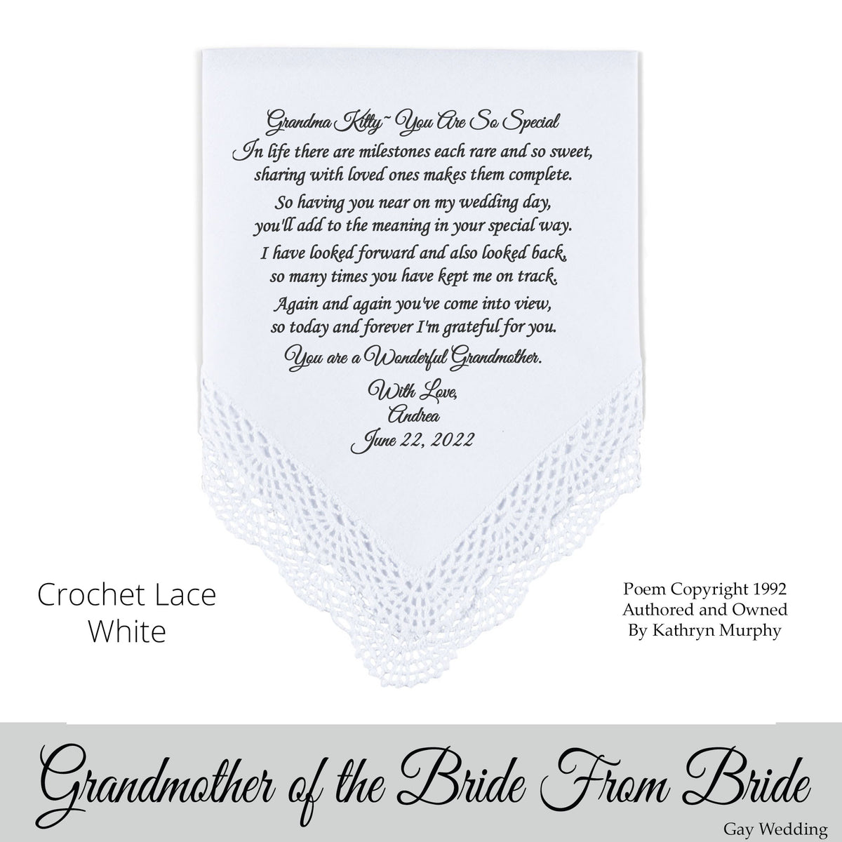 Gay Wedding Gift for the Grandmother of the Bride poem printed wedding hankie