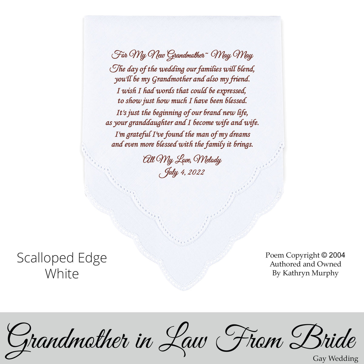 Gay Wedding Gift for the Grandmother of the bride poem printed wedding hankie