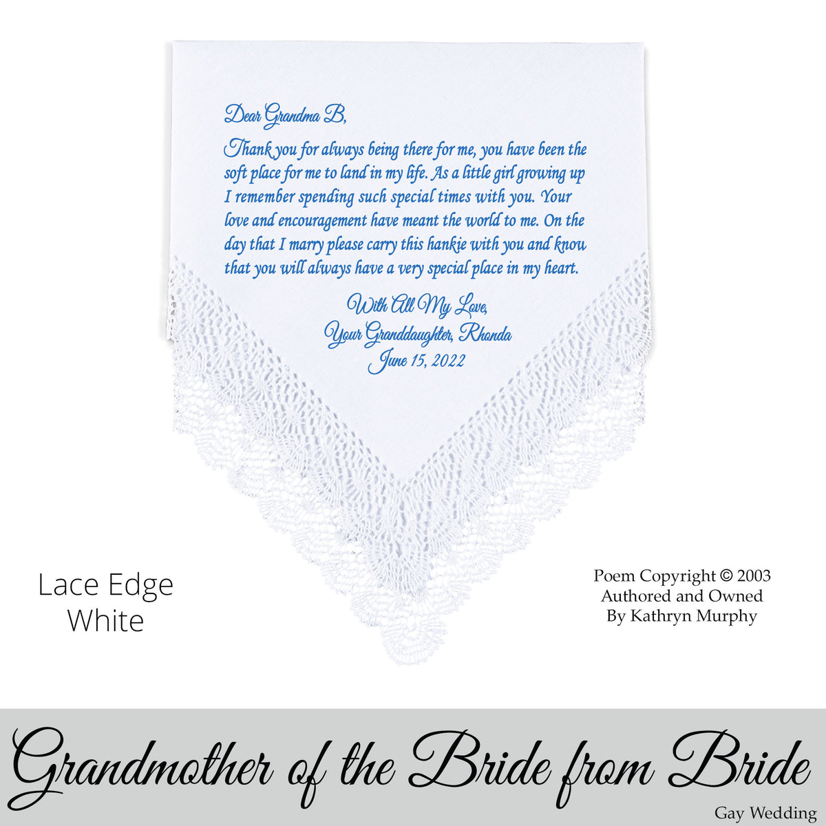Gay Wedding Gift for the Grandma of the Bride poem printed wedding hankie