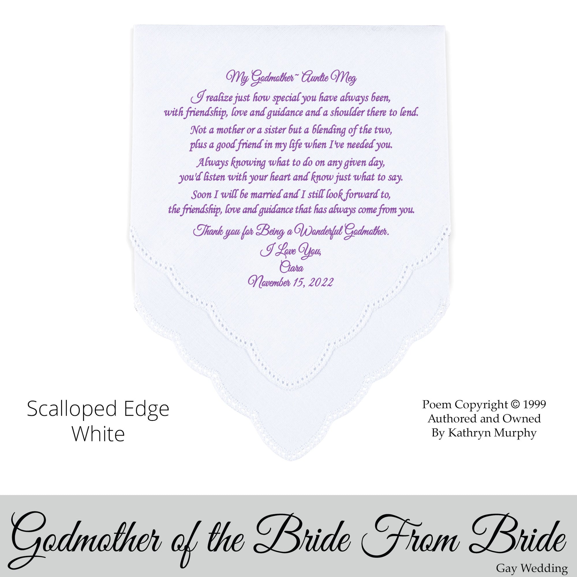 Gay Wedding Gift for the Godmother of the Bride poem printed wedding hankie