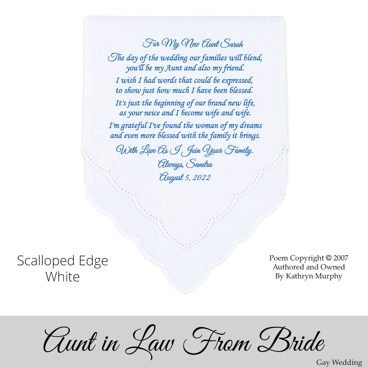 Gay Wedding Gift for the Aunt of the Bride poem printed wedding hankie