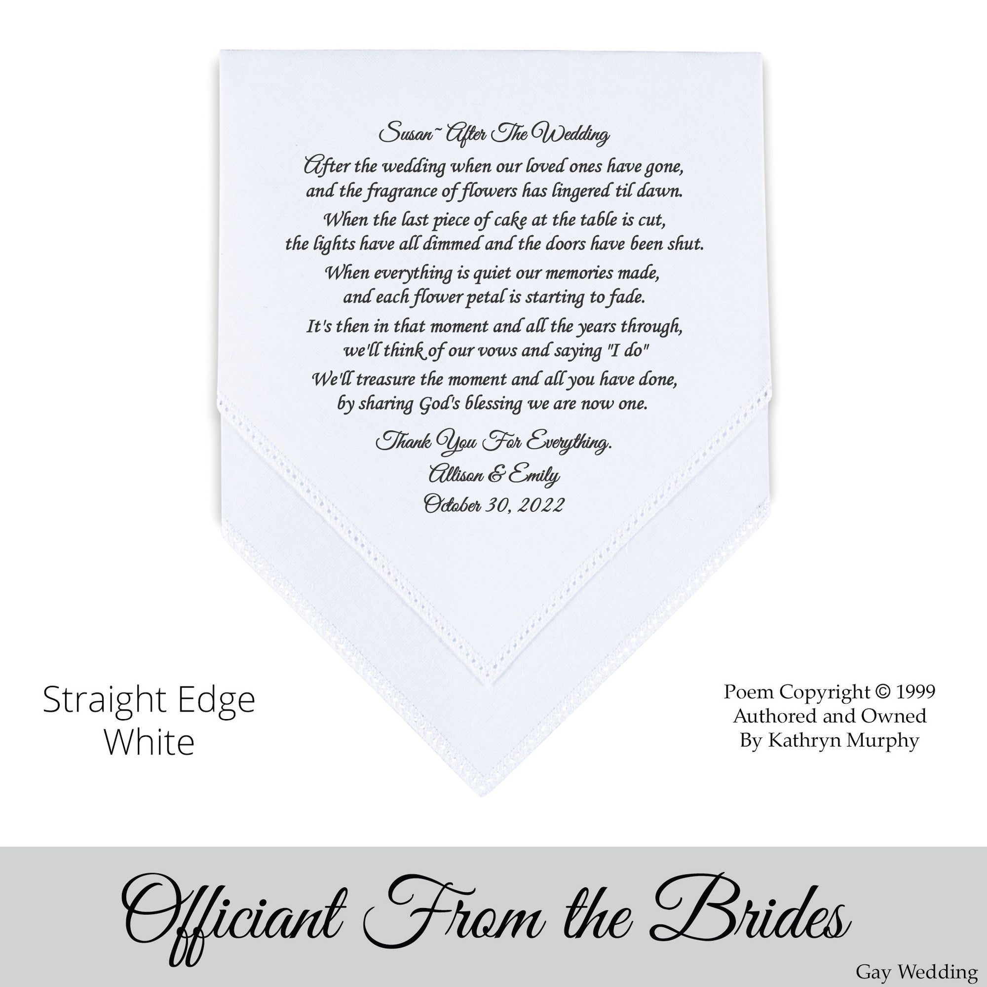 Gay Wedding Gift for the Officiant of the brides poem printed wedding hankie