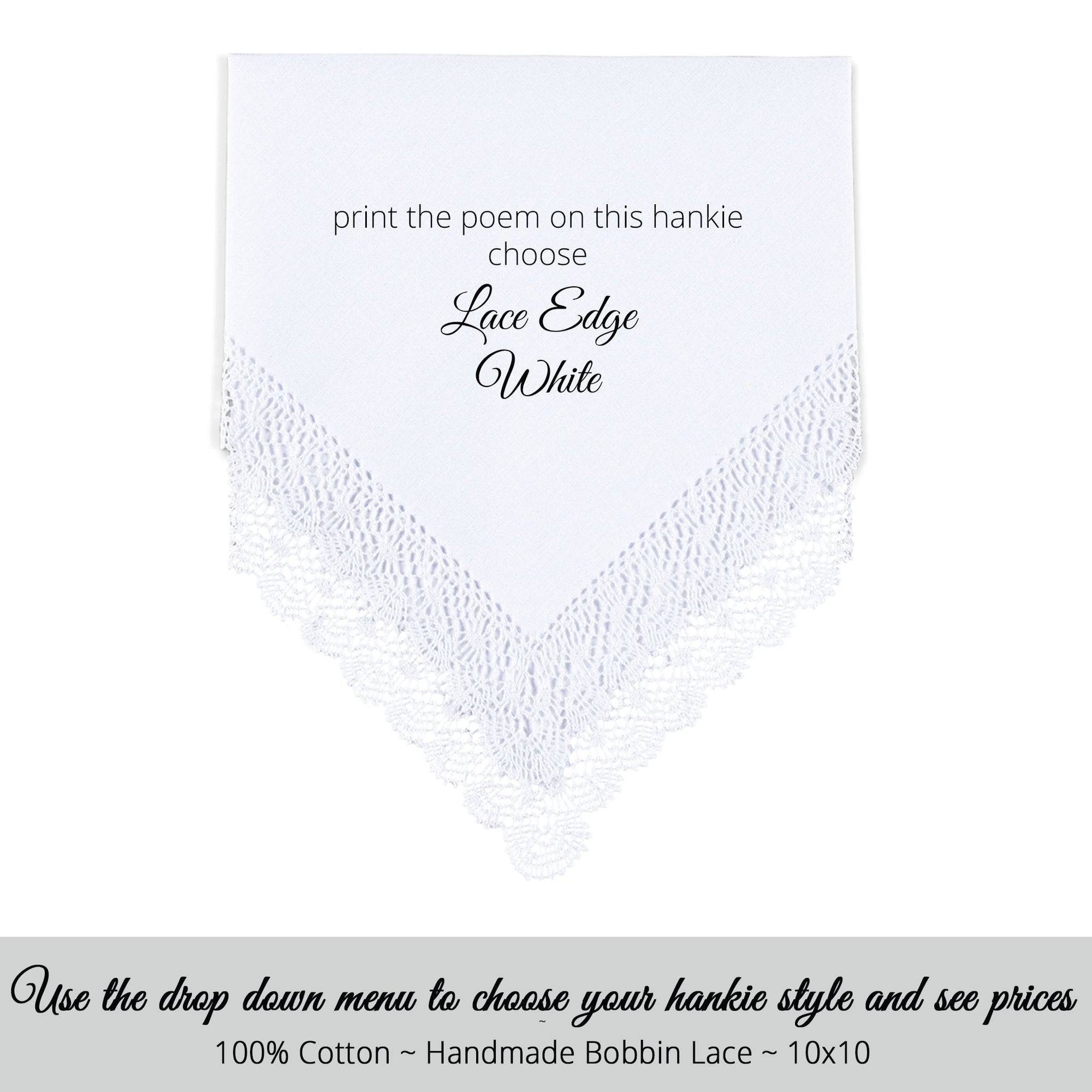 Gay Wedding Feminine Hankie style white with bobbin lace edge for the mother of the groom poem printed hankie