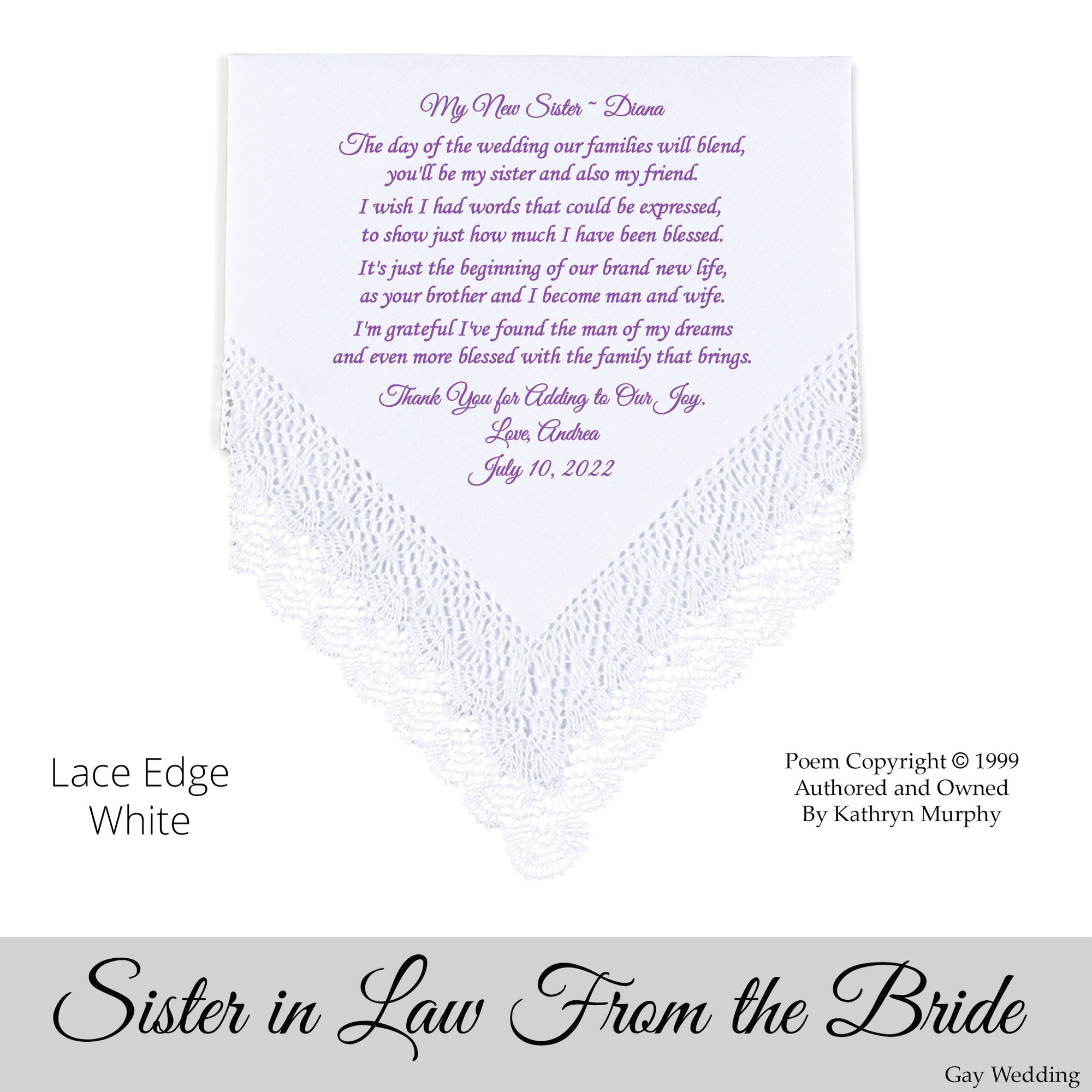 Gay Wedding Gift for the sister-in-law of the bride poem printed wedding hankie