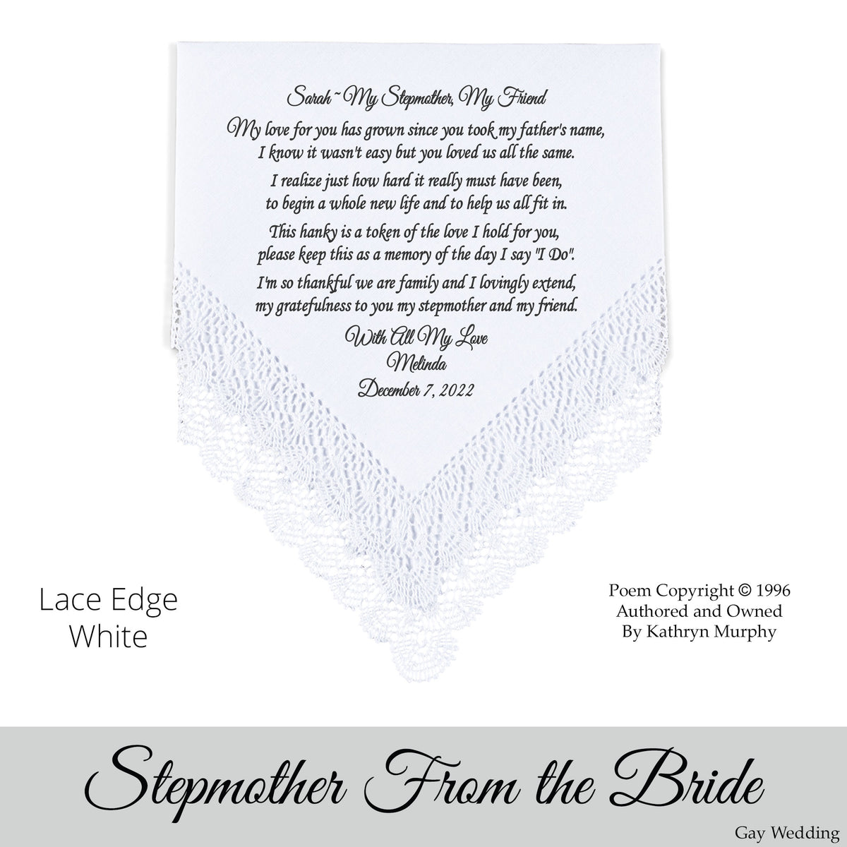 Gay Wedding Gift for the stepmother of the bride poem printed wedding hankie