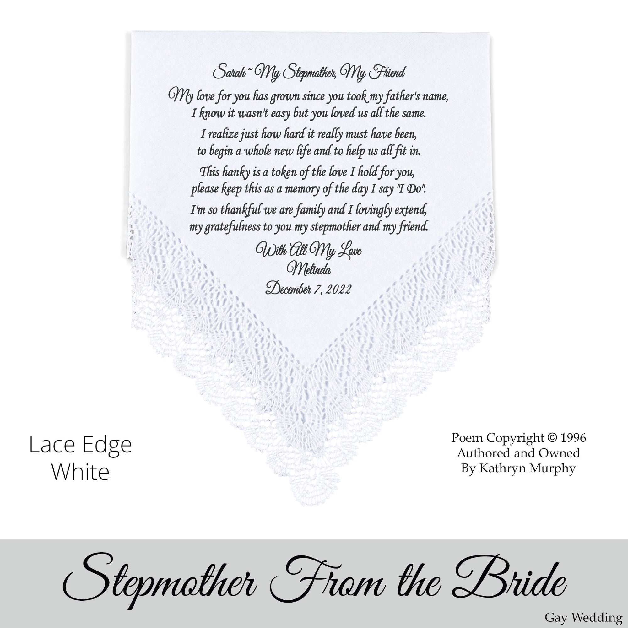 Gay Wedding Gift for the stepmother of the bride poem printed wedding hankie