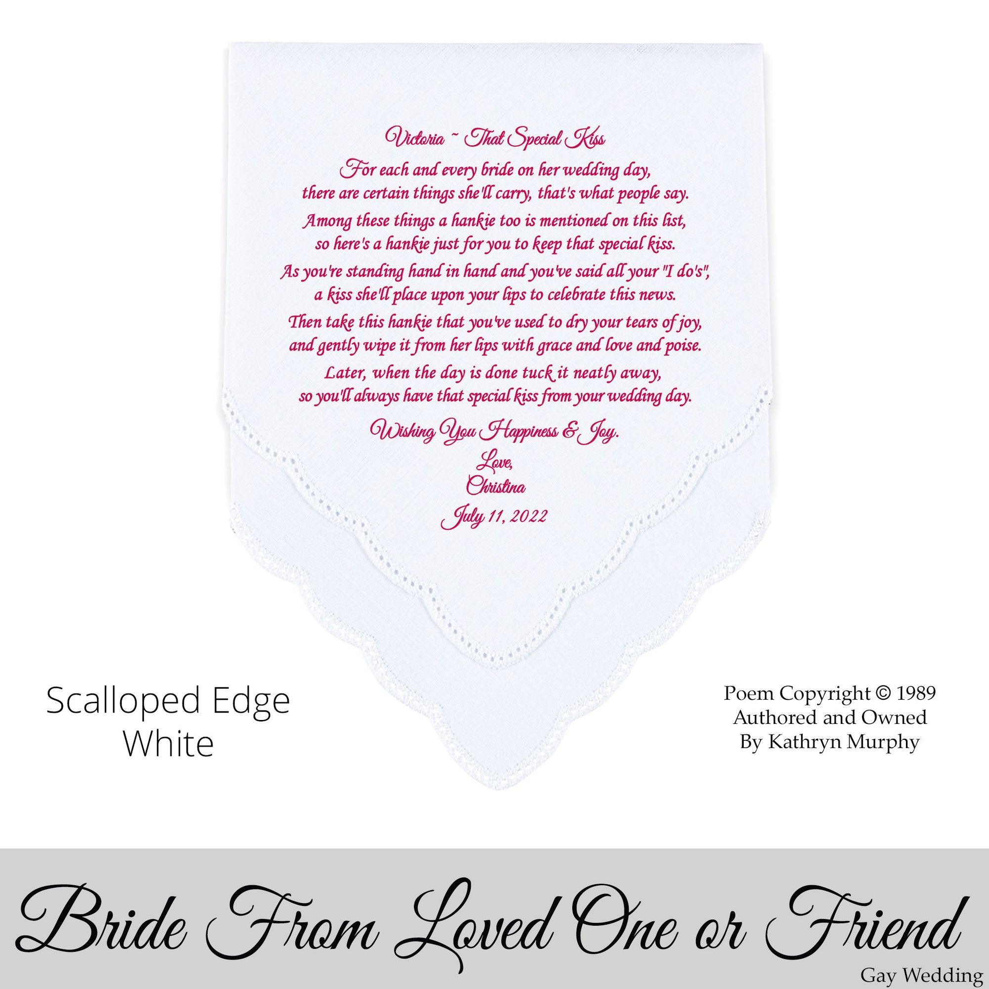 Gay Wedding Gift for the bride poem printed wedding hankie