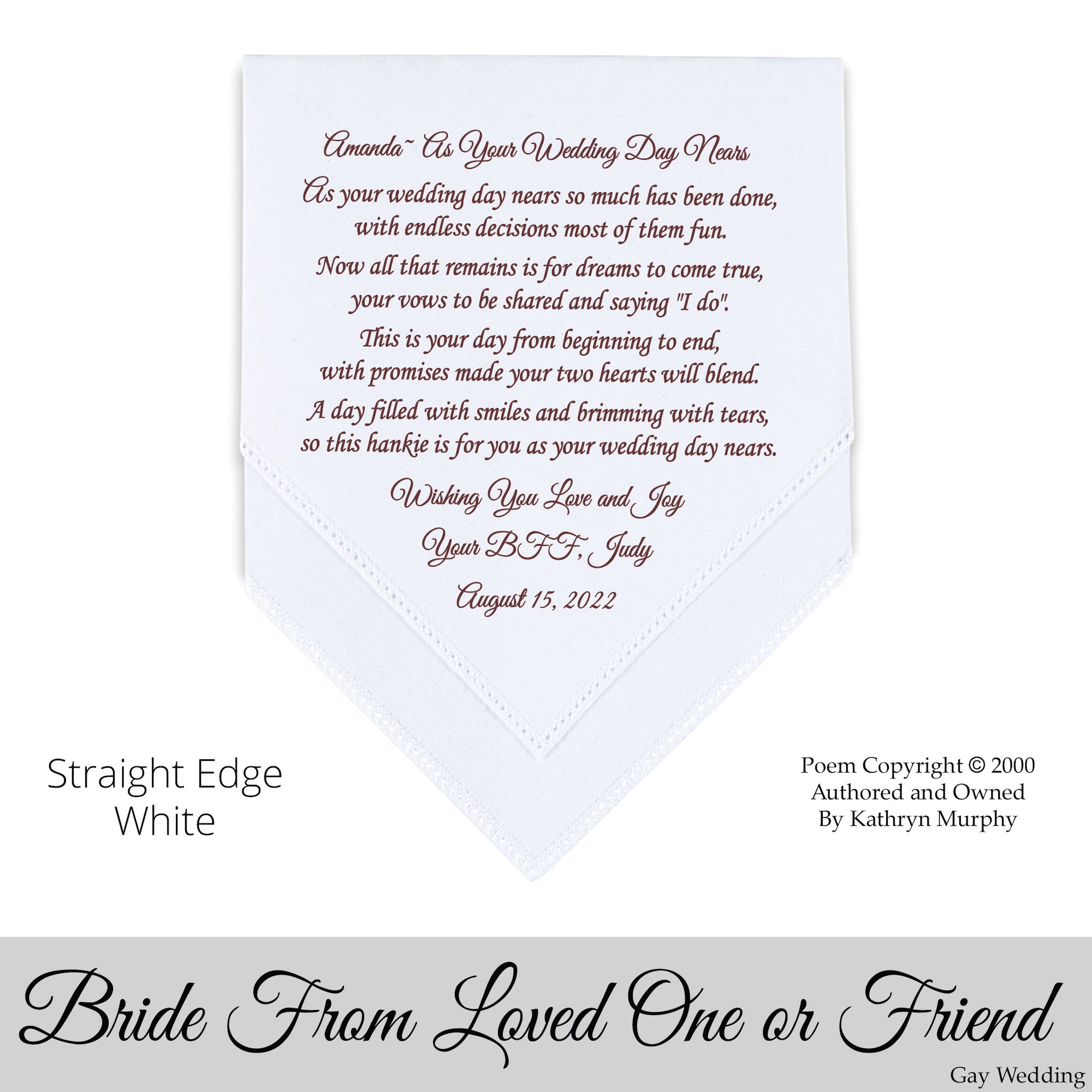 Gay Wedding Gift for the bride poem printed wedding hankie