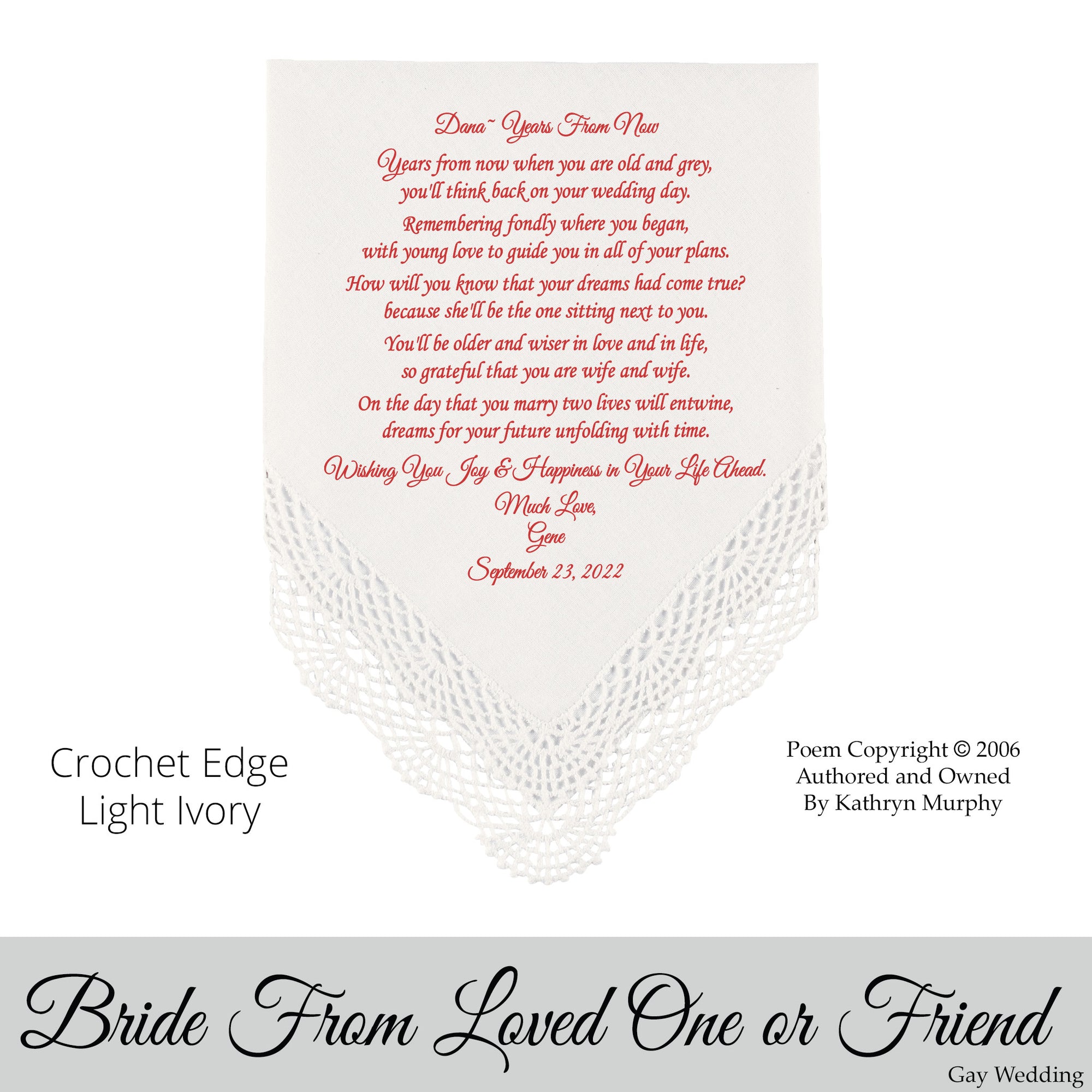 Gay Wedding Gift for the bride poem printed wedding hankie