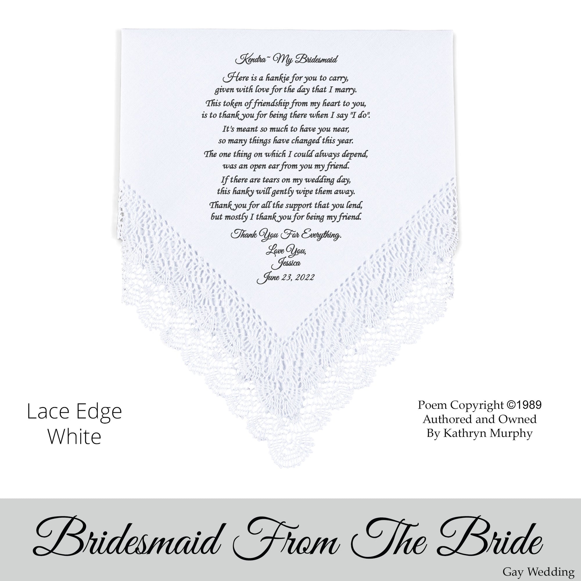 Gay Wedding Gift for the Bridesmaid poem printed wedding hankie