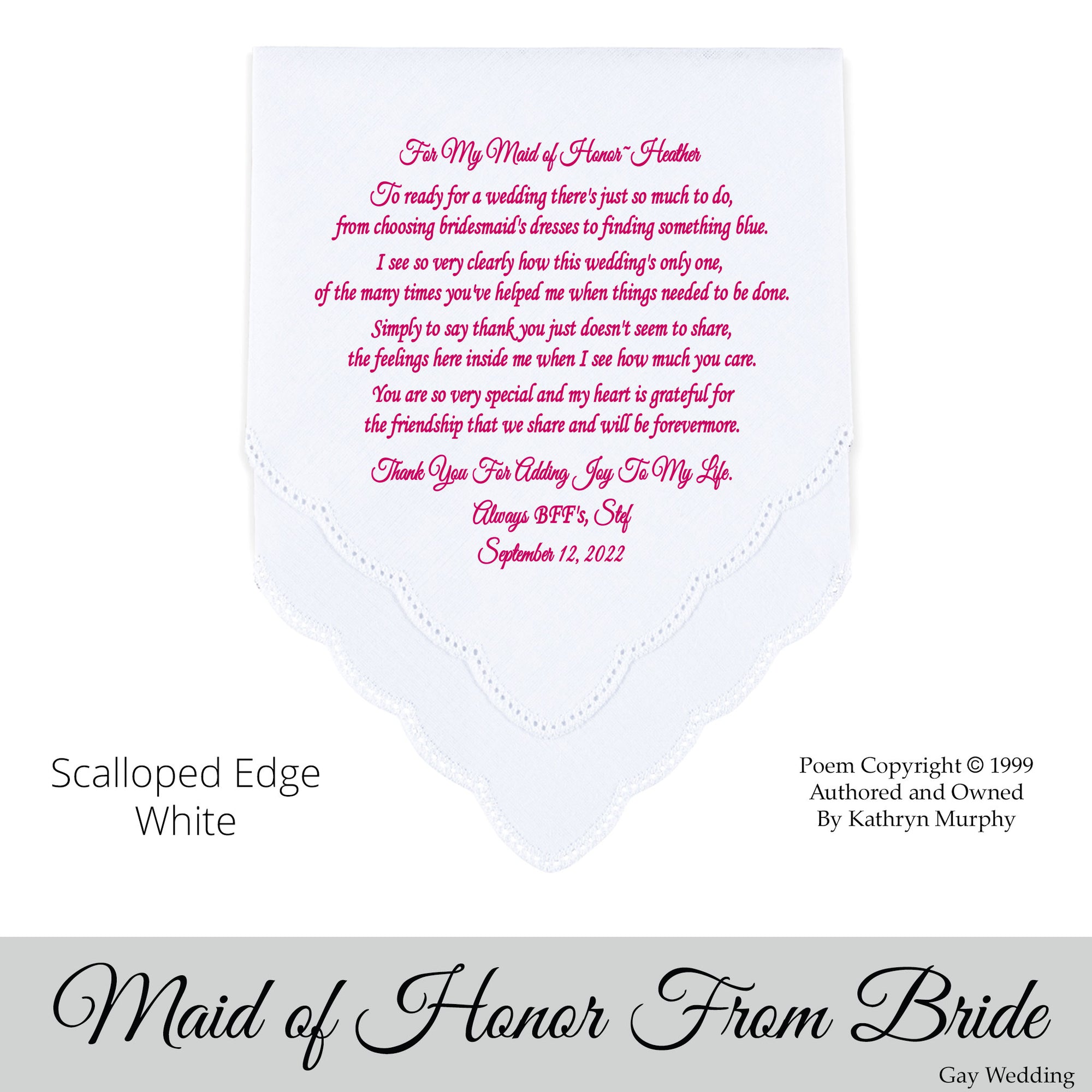 Gay Wedding Gift for the Maid of Honor poem printed wedding hankie