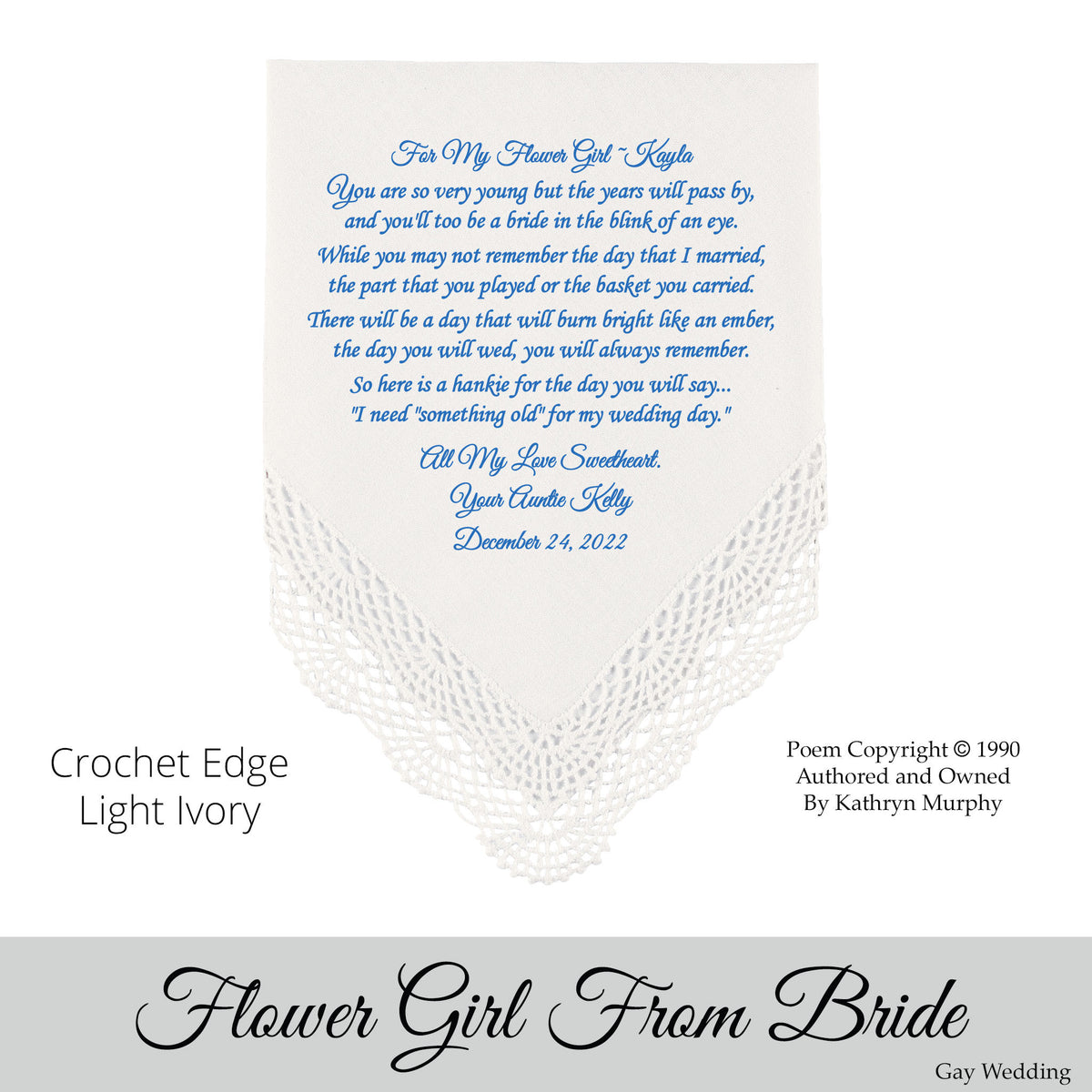 Gay Wedding Gift for the Flower Girl poem printed wedding hankie
