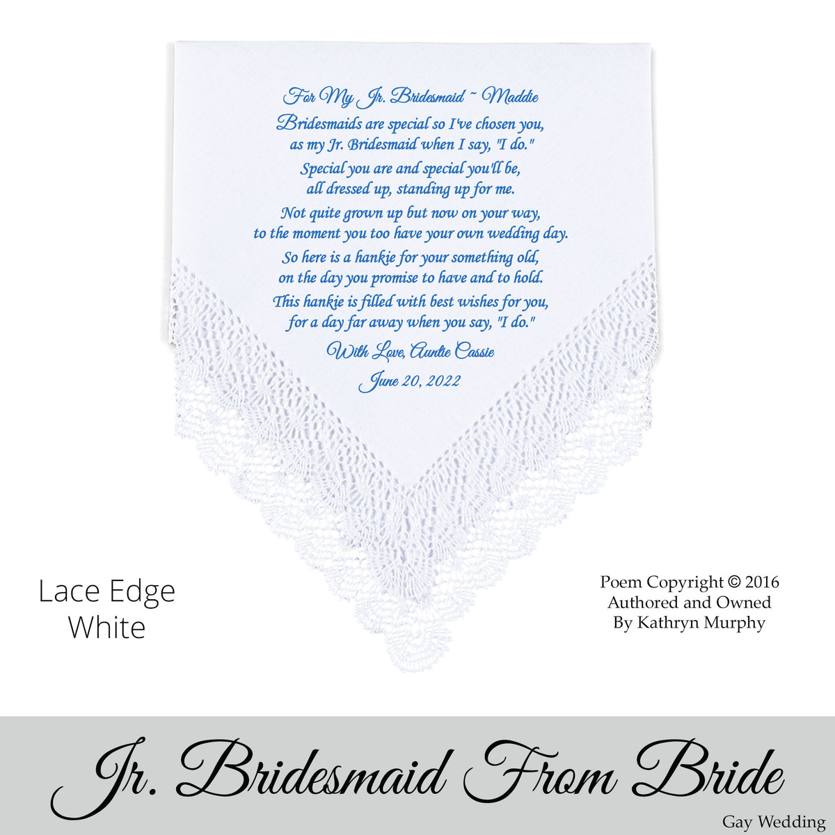 Gay Wedding Gift for the Jr. Bridesmaid poem printed wedding hankie