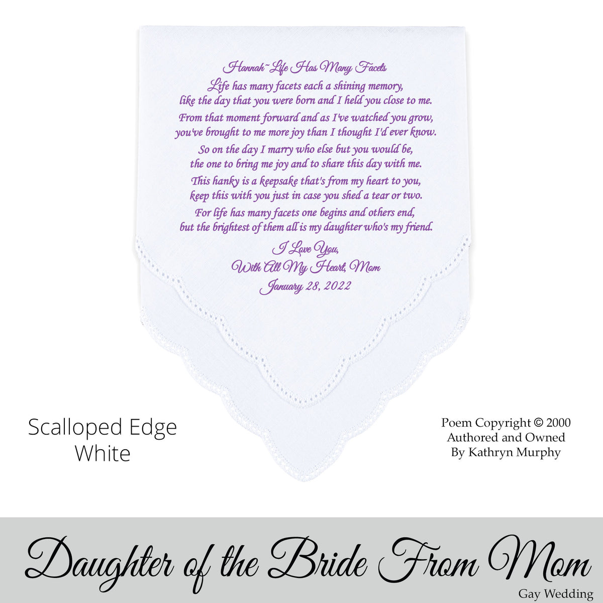 Gay Wedding Gift for the bride&#39;s daughter poem printed wedding hankie