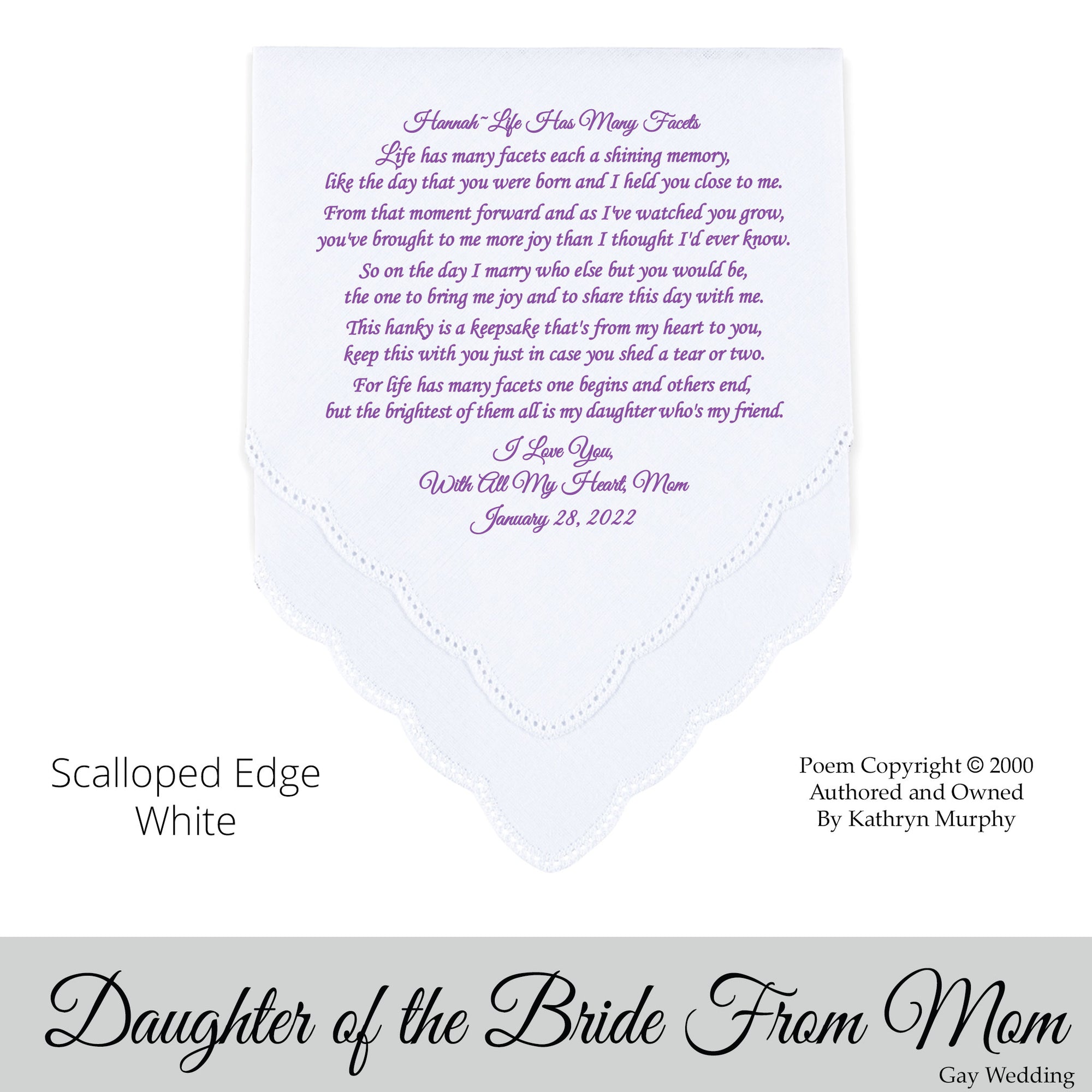 Gay Wedding Gift for the bride's daughter poem printed wedding hankie