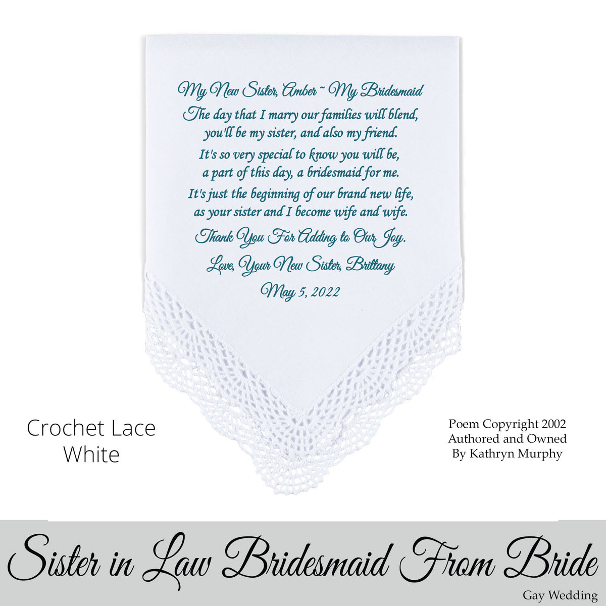 Gay Wedding Gift for the sister-in-law bridesmaid of the bride poem printed wedding hankie