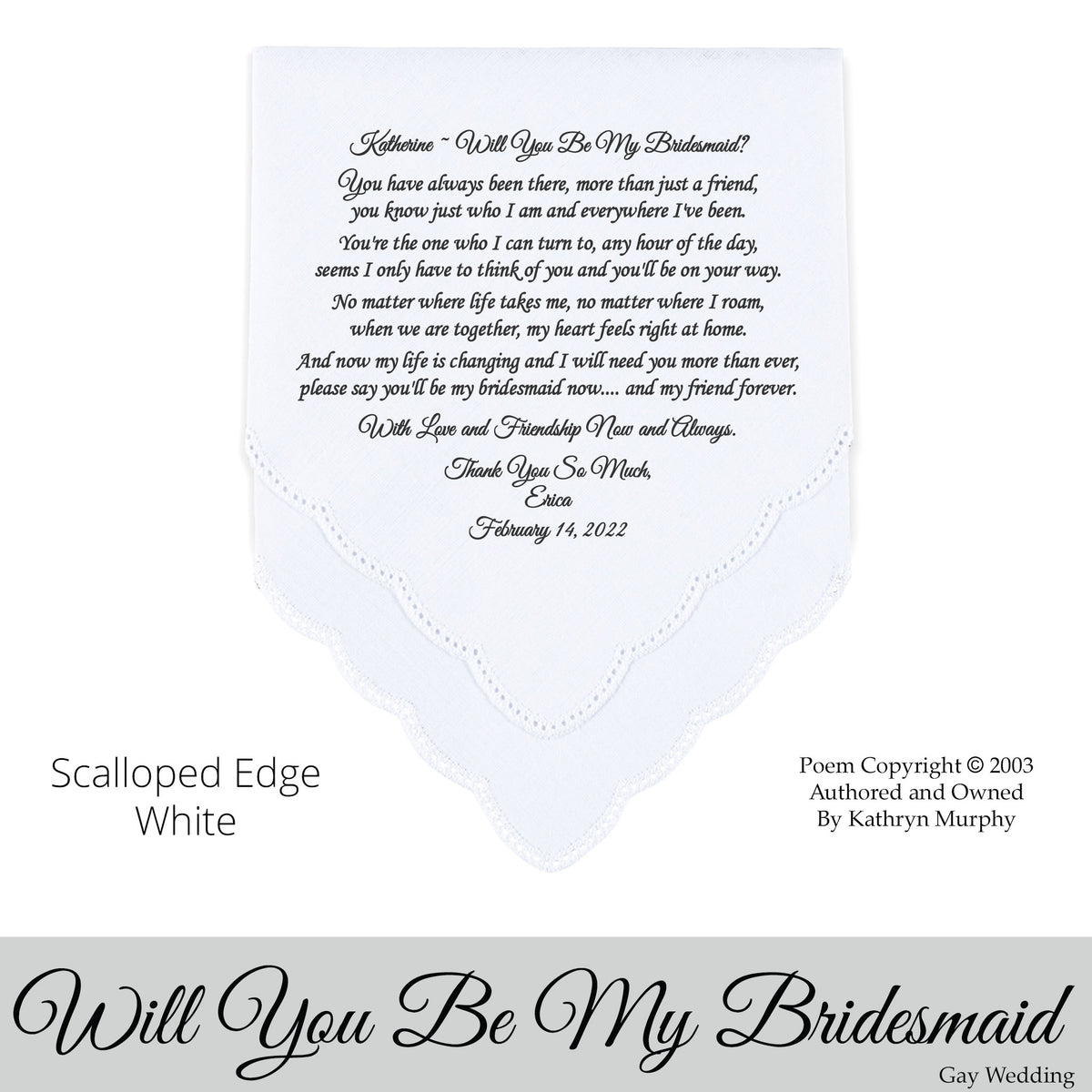 Gay Wedding Gift for the bridesmaid poem printed wedding hankie
