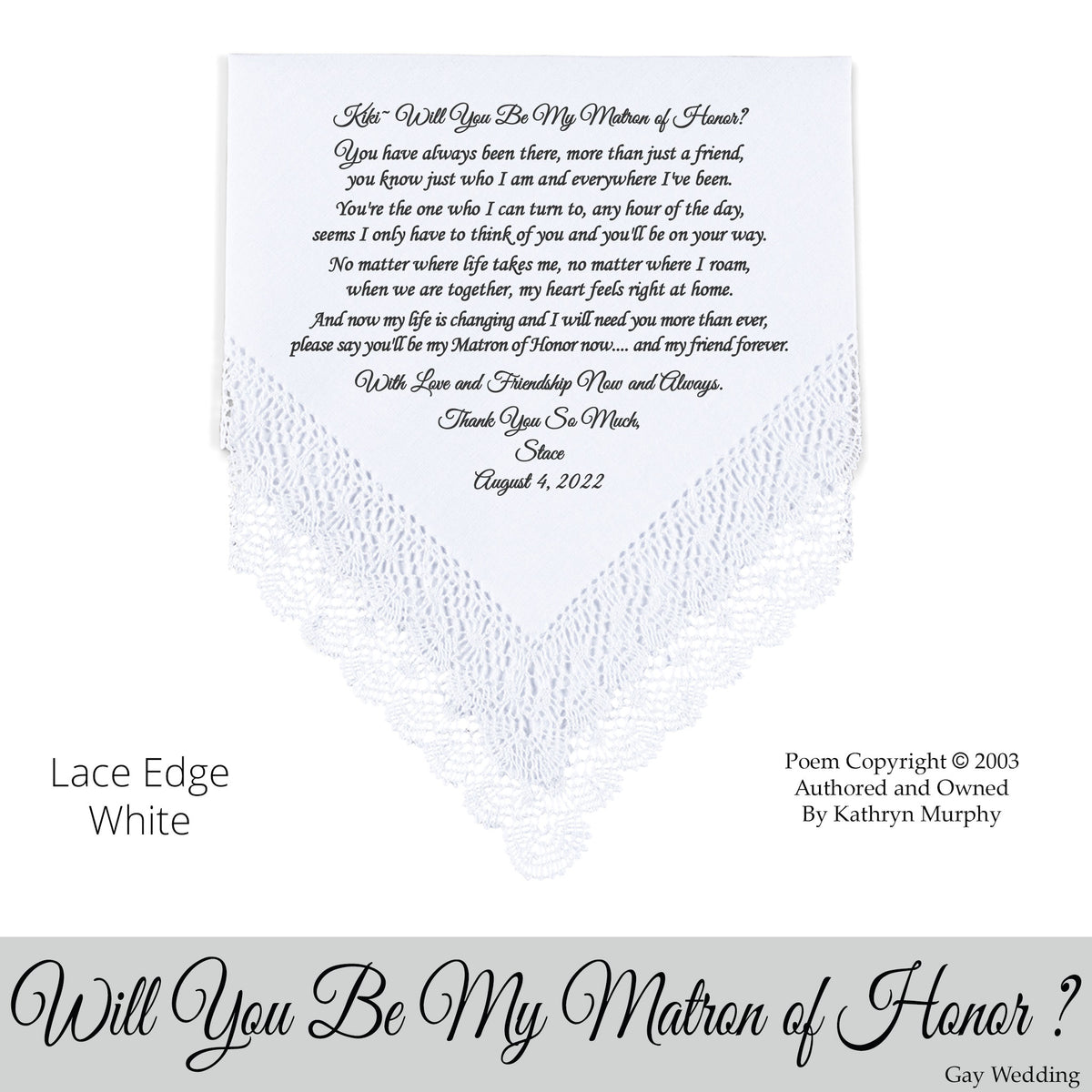 Gay Wedding Gift for the Matron of Honor poem printed wedding hankie