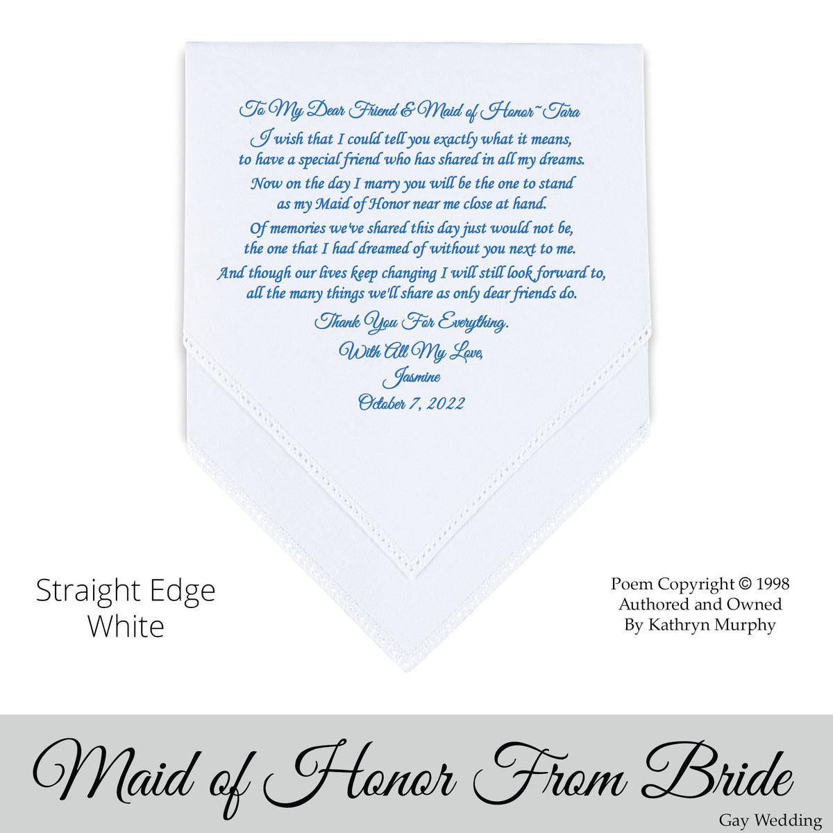 Gay Wedding Gift for the Maid of Honor poem printed wedding hankie