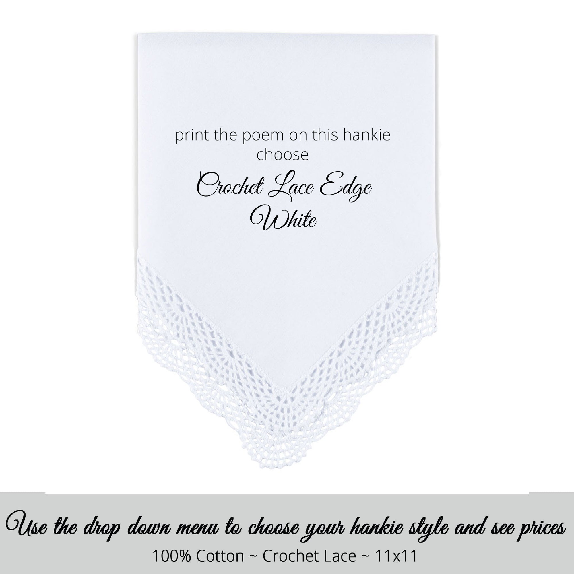 Gay Wedding Feminine Hankie style white with crochet lace edge for the parents of the bride poem printed hankie