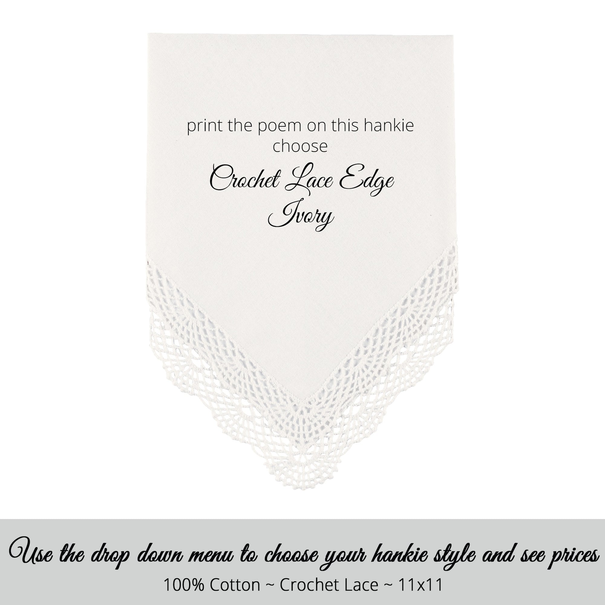 Gay Wedding Feminine Hankie style ivory with crochet lace edge for the parents of the bride poem printed hankie